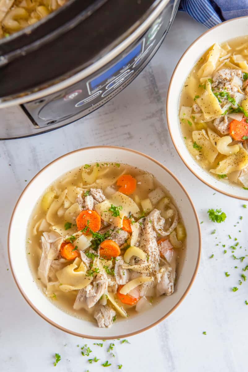 overhead view of crockpot chicken noodle soup in a white bowl.