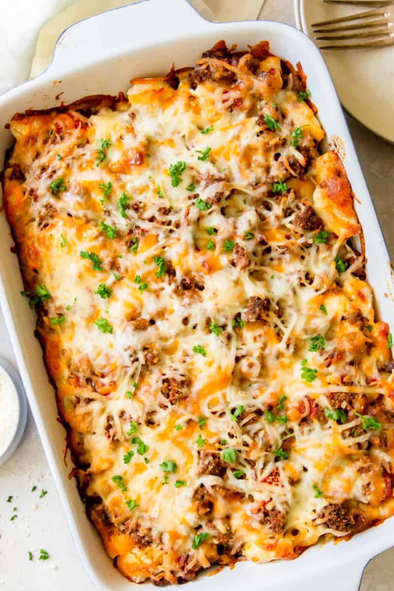 overhead image of hamburger casserole in a white baking dish