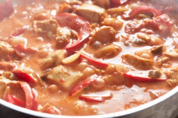 chicken fajita pasta sauce in a skillet.