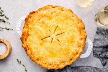 cooked chicken pot pie in a white pie pan.