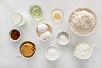 overhead view of ingredients for cinnamon roll bread.