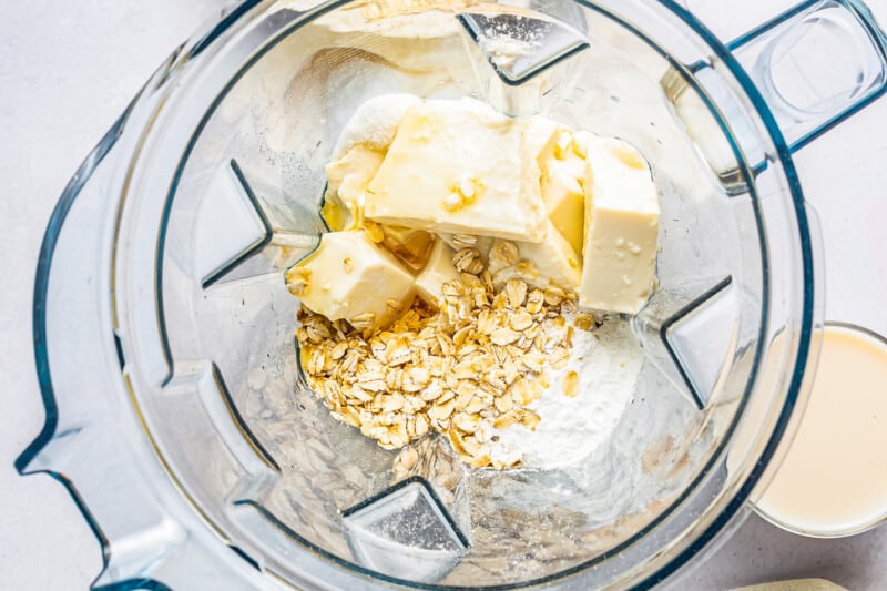 ingredients for gluten free pancakes in a blennder.