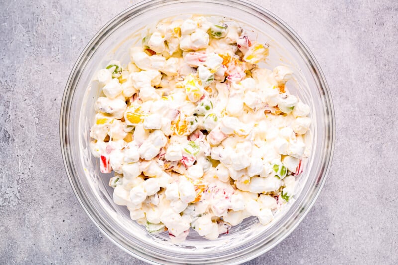 marshmallow salad in a glass bowl.