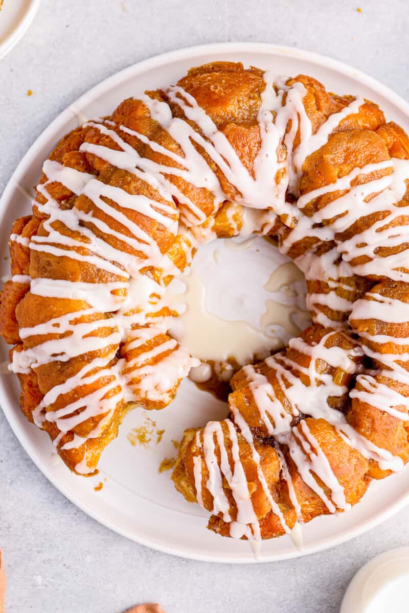 sliced easy monkey bread on a white serving plate.