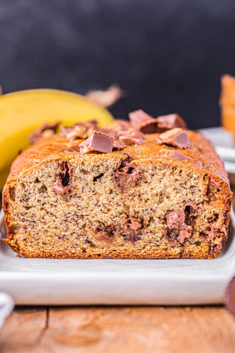 cross section of reeses peanut butter cup banana bread.