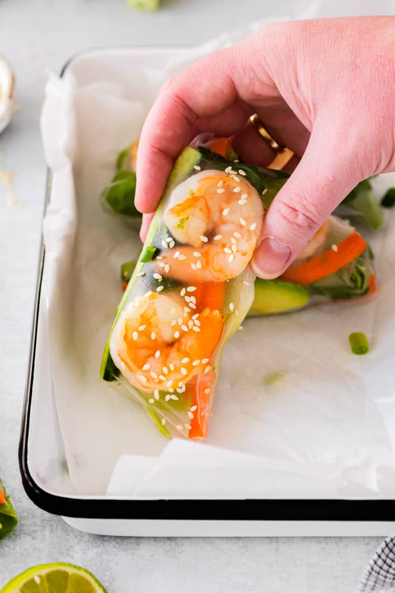 hand holding 1 shrimp summer roll in front of a white rectangular tray.