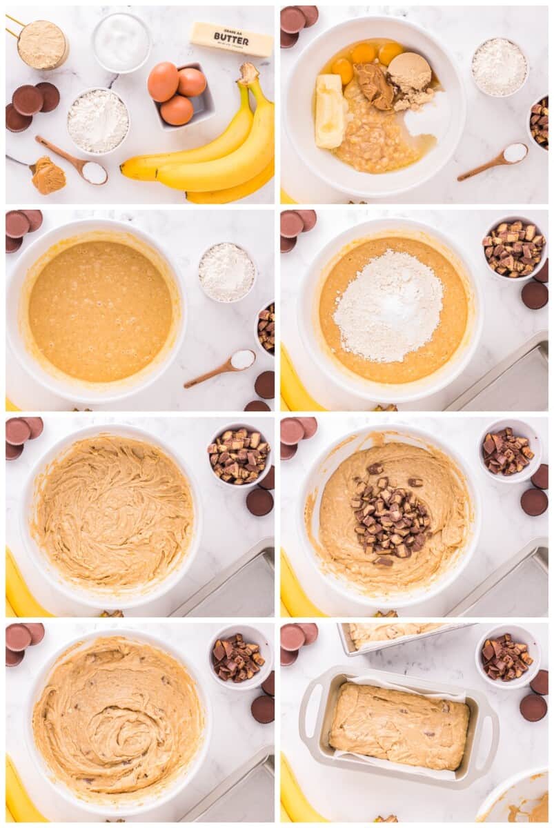 step by step photos for how to make reeses peanut butter cup banana bread.