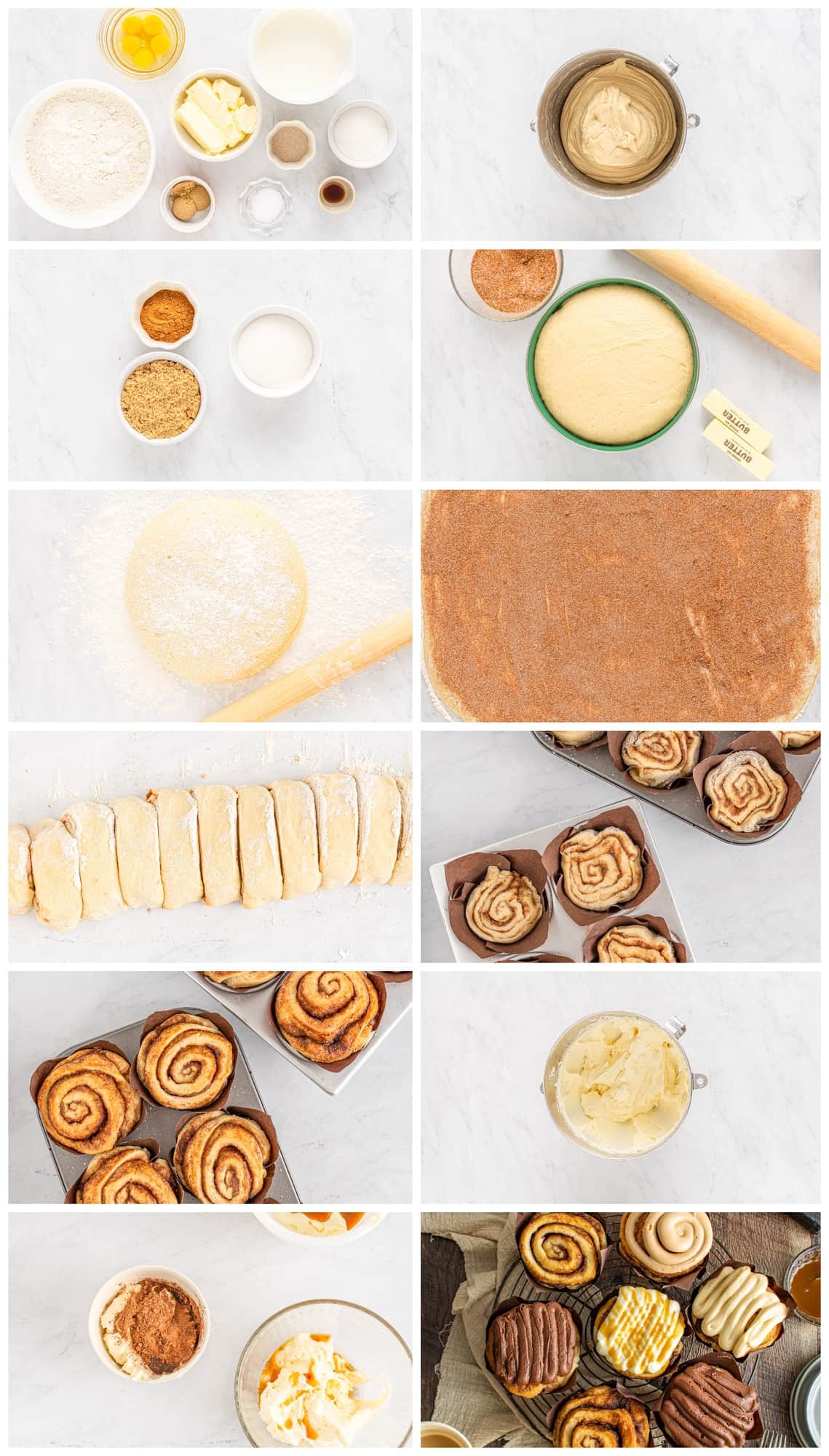 step by step photos for how to make bakery style cinnamon rolls.