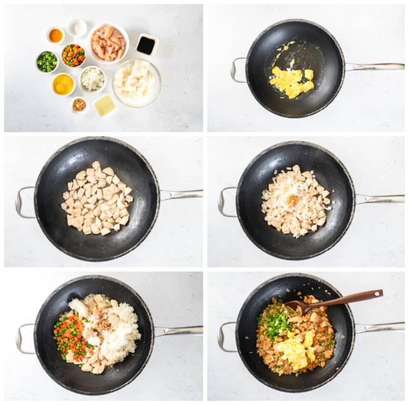 Step-by-step photos for how to make chicken fried rice.