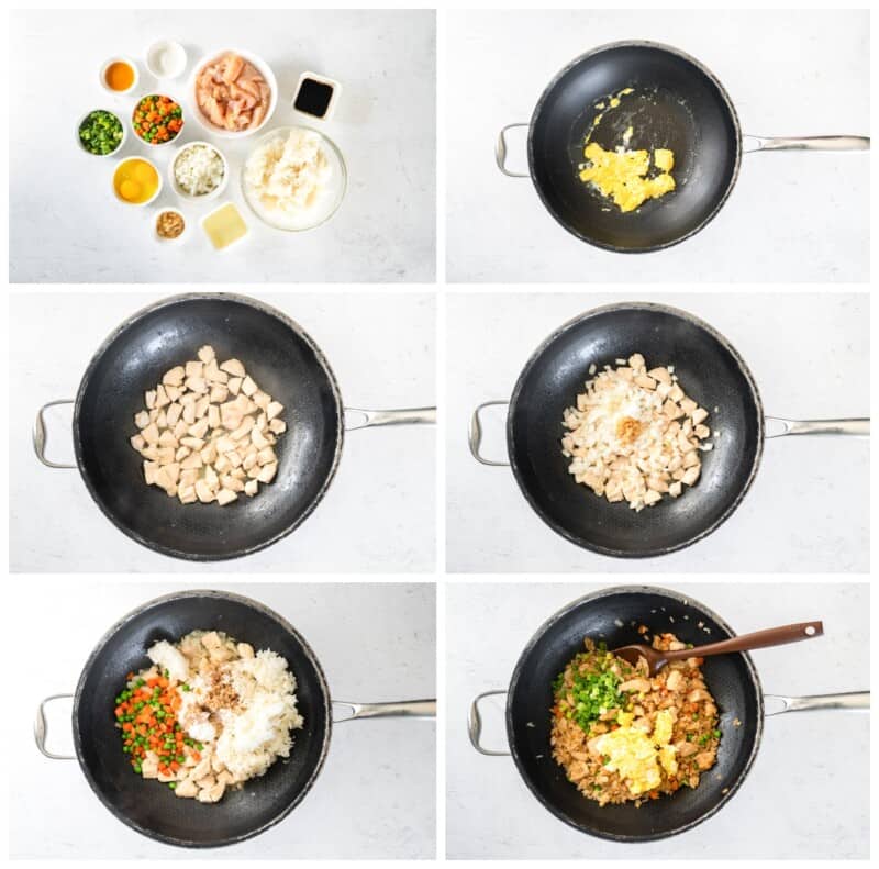 Step-by-step photos for how to make chicken fried rice.