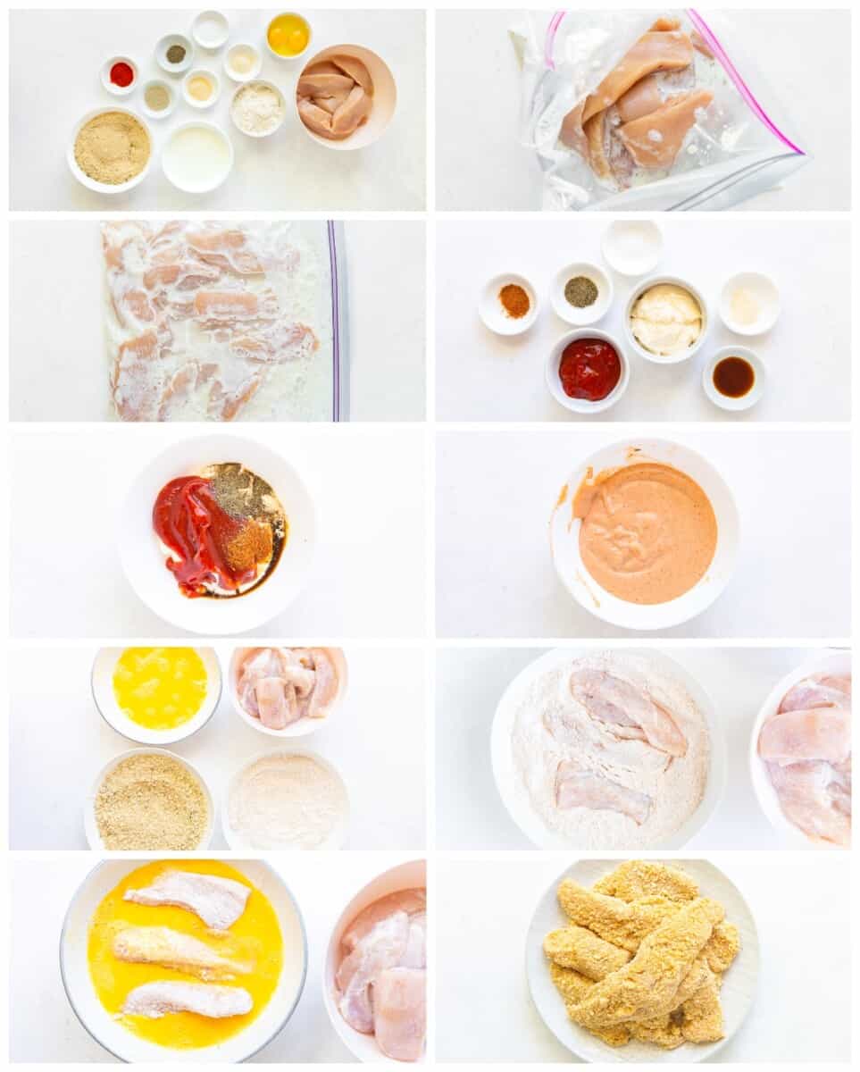 step by step photos for how to make copycat raising canes chicken fingers.