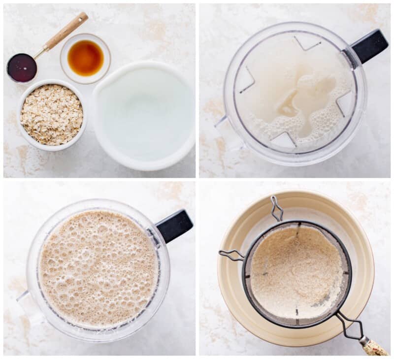Four step by step photos for how to make homemade oat milk