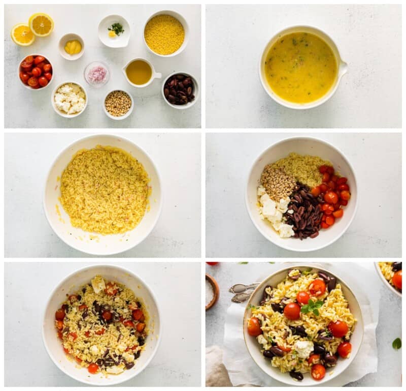 step by step photos for how to make mediterranean orzo salad.