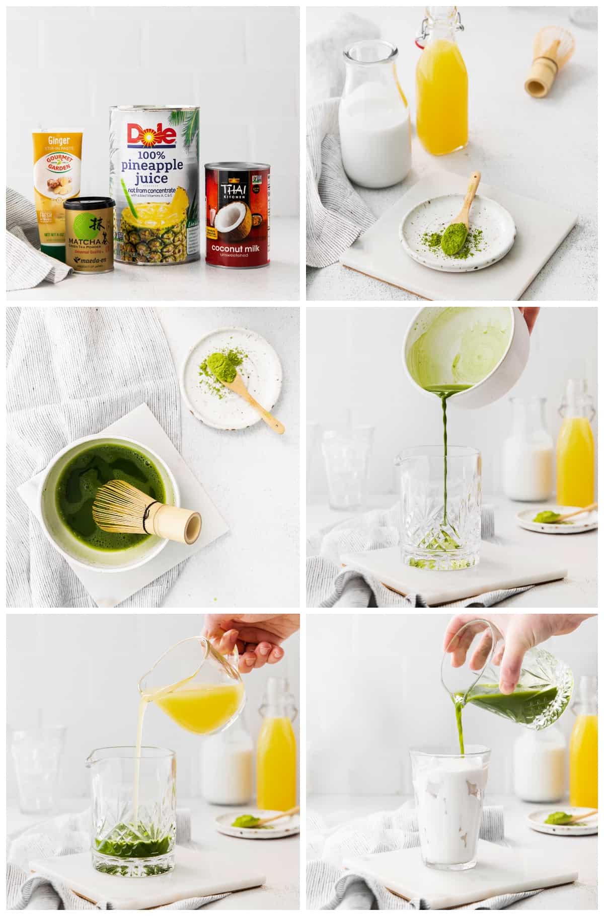 step by step photos for how to make pineapple matcha drink.