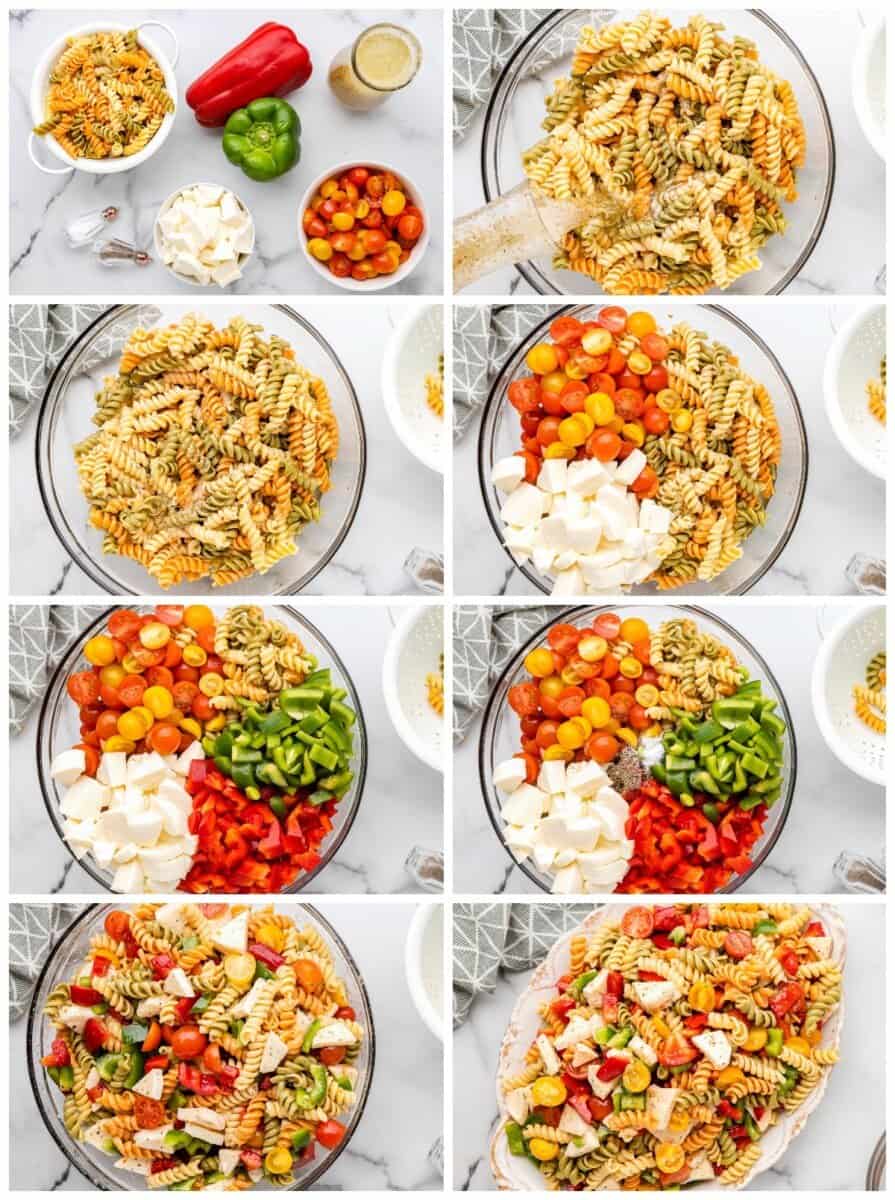 fotos passo a passo de como fazer salada de macarrão tricolor.