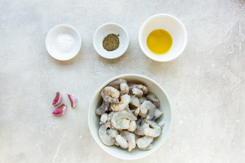 overhead view of ingredients for air fryer garlic shrimp.