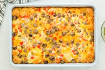 baked biscuit breakfast casserole in a baking pan.