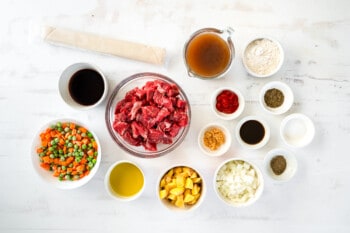 overhead view of ingredients for beef pot pie.