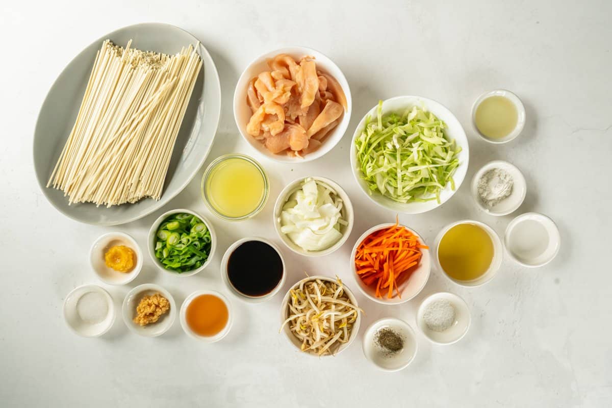 Overhead view of ingredients for chicken lo mein. - 7