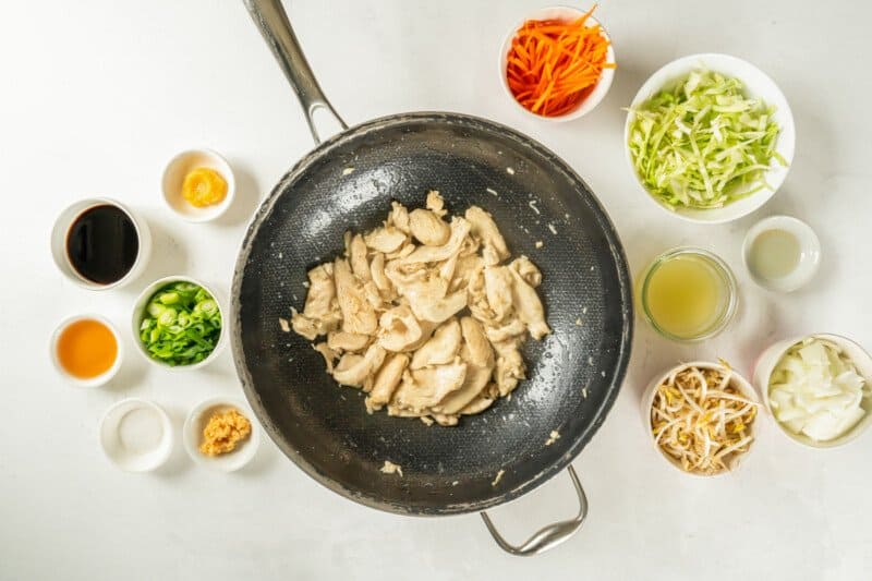 cooked chicken in a frying pan.