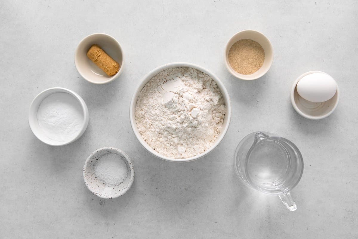 overhead view of ingredients for garlic parmesan soft pretzels.