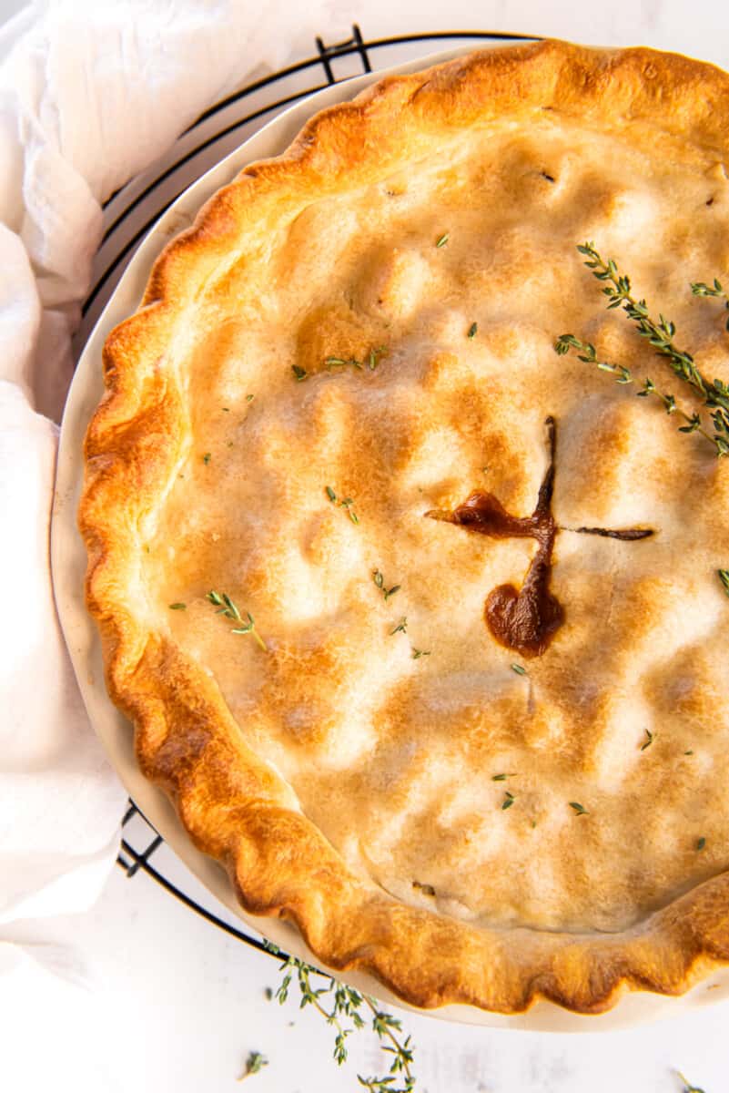 beef pot pie in a pie pan.