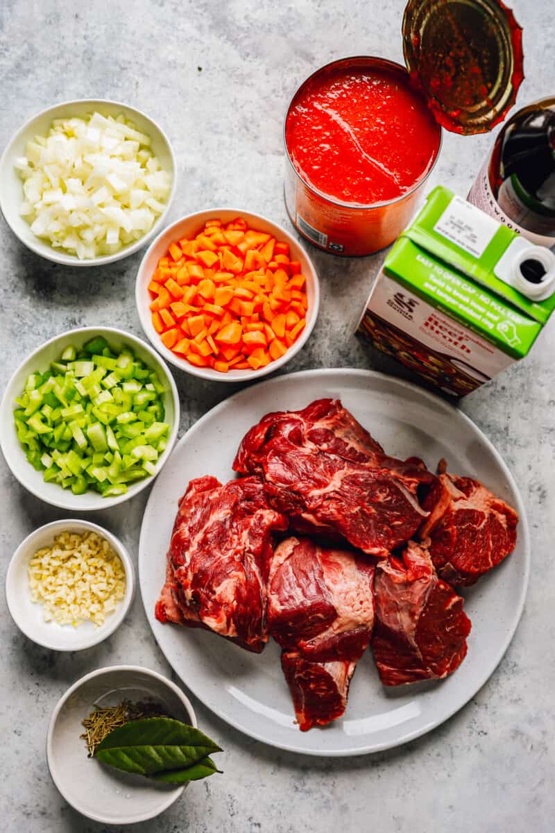 overhead view of ingredients for beef ragu.