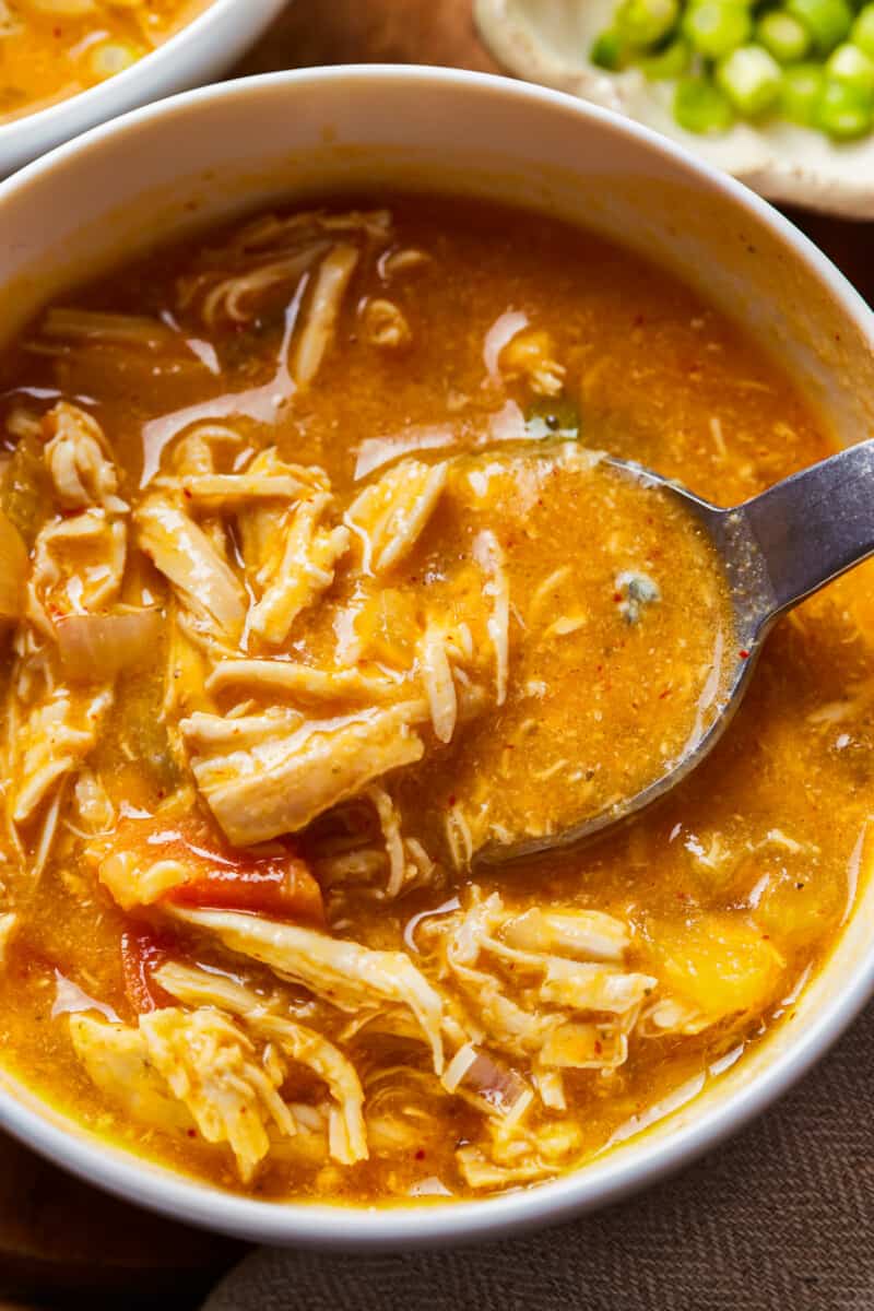 colher mergulhando em uma tigela de sopa com frango desfiado