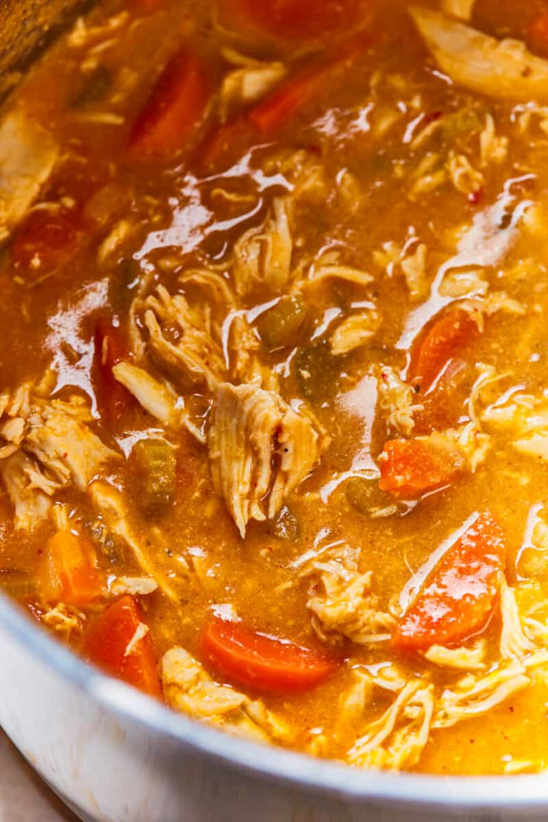 close up on buffalo chicken soup in a pot