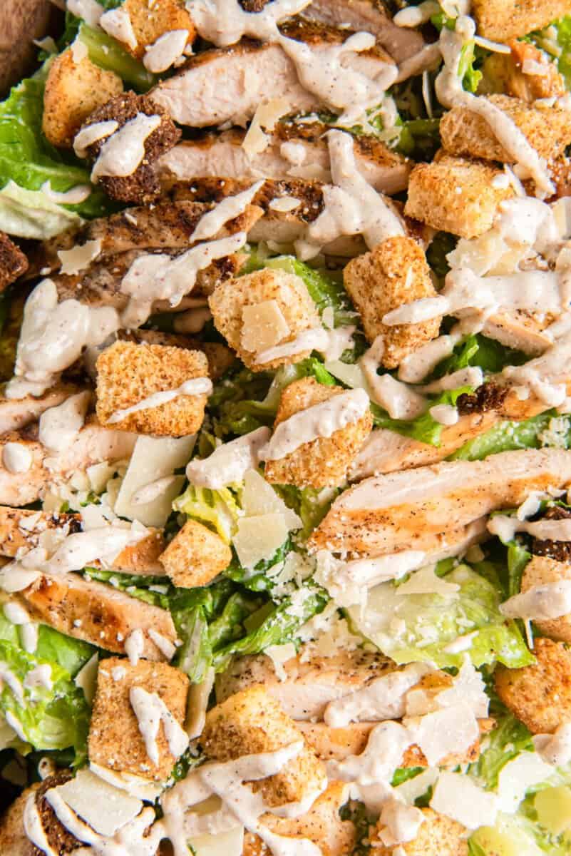 close up of chicken caesar salad.