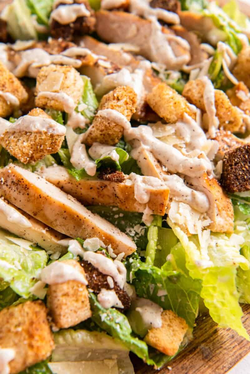 close up of chicken caesar salad.