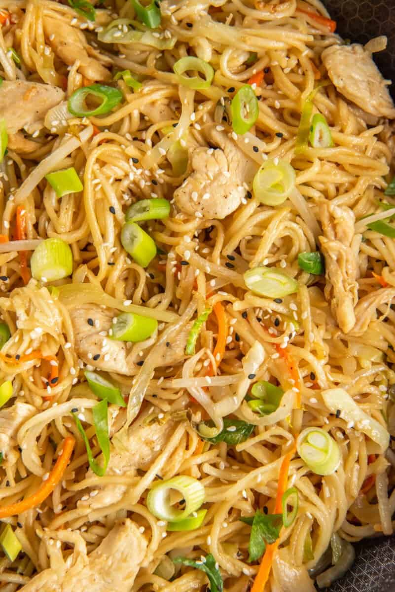 close up of chicken lo mein.