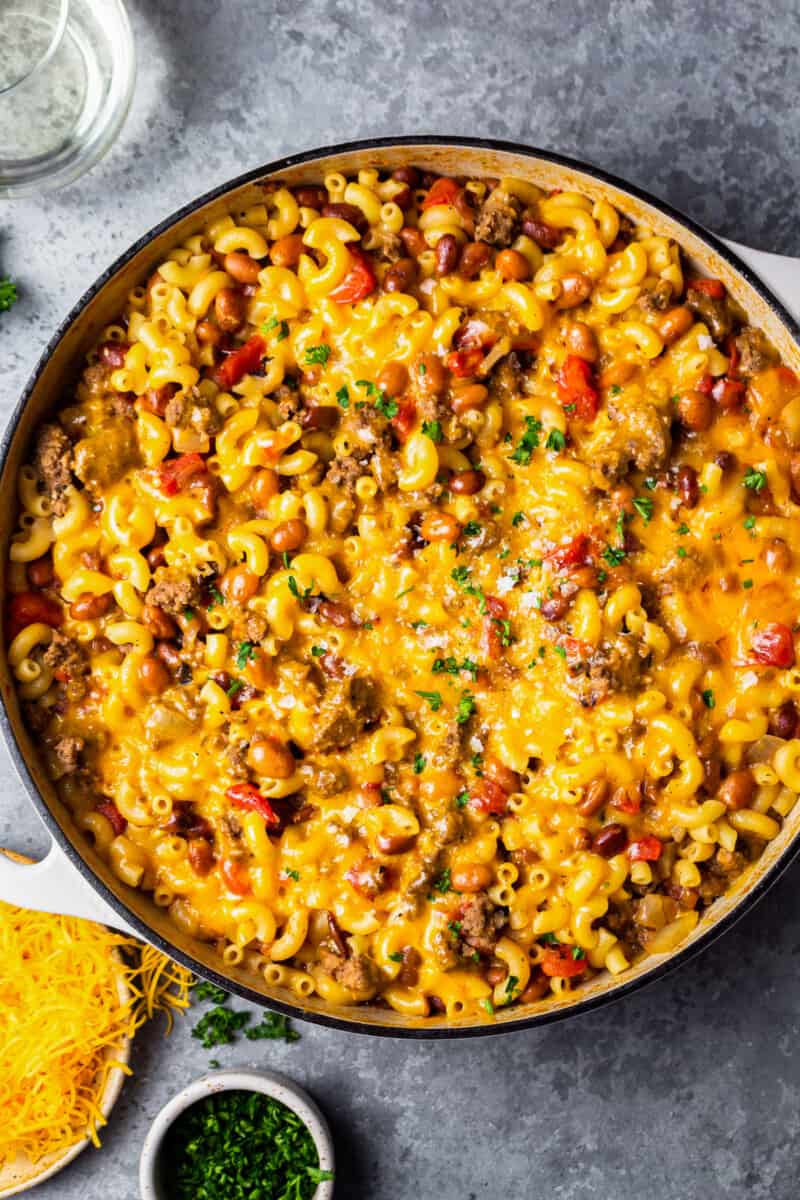 large pot of chili mac and cheese