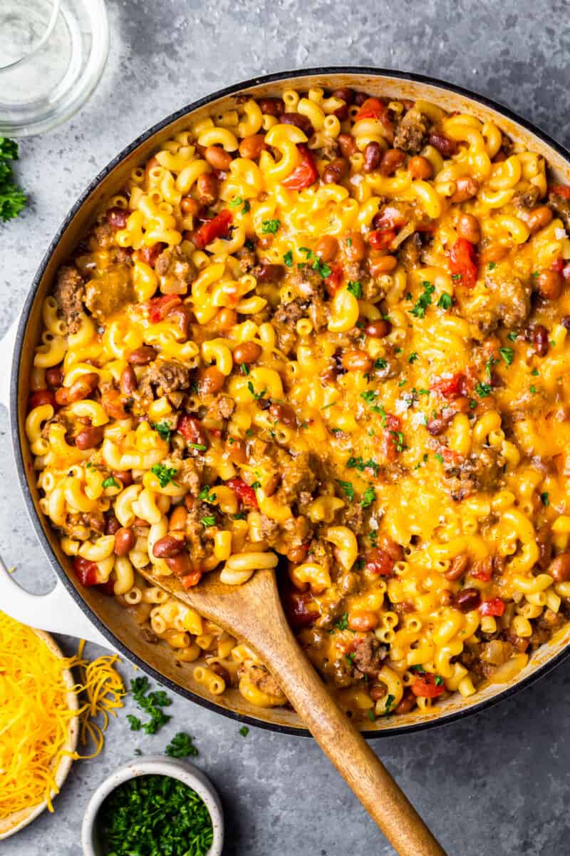 large pot of chili mac