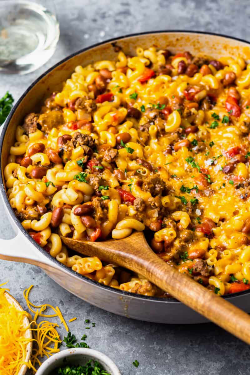 chili mac and cheese in a white pot