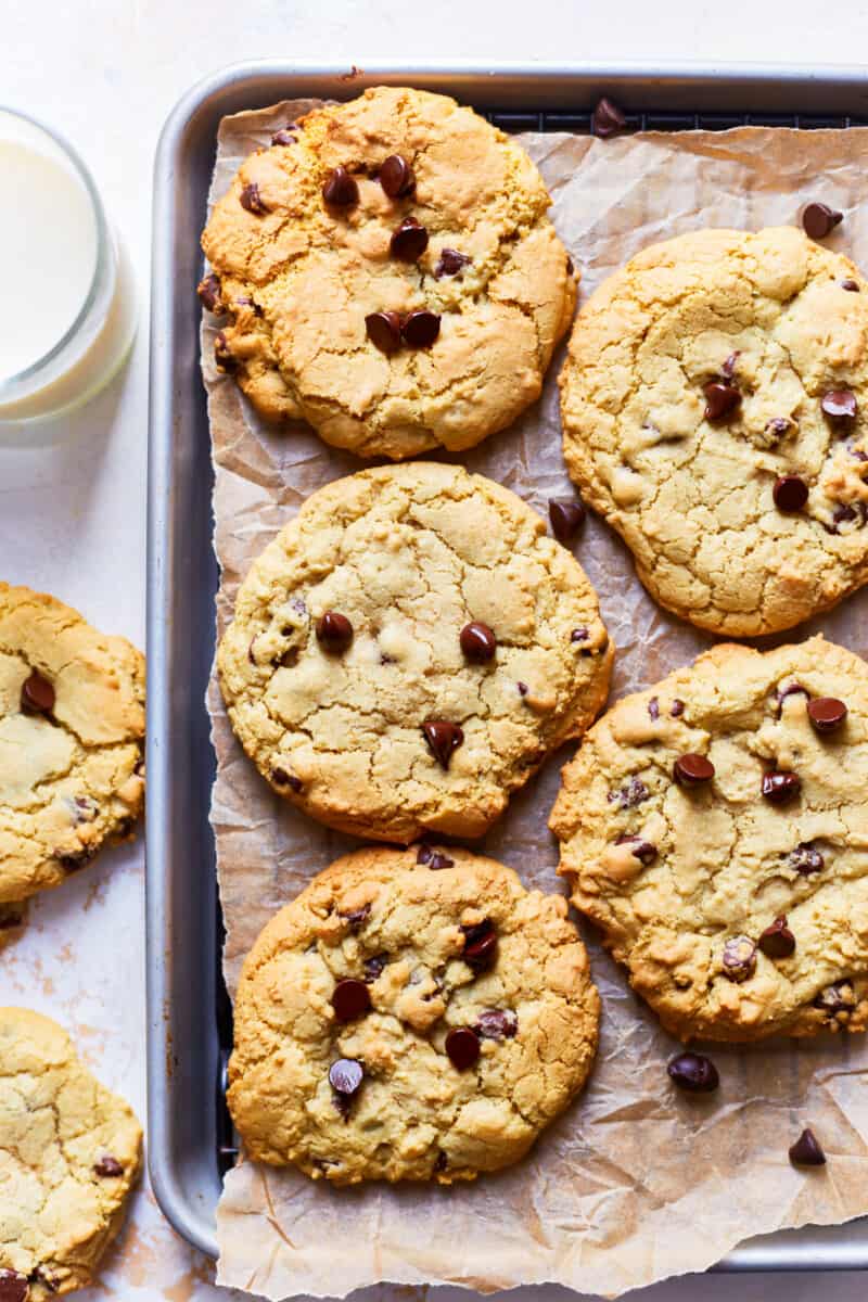 the best chocolate chip cookies on a baking tray