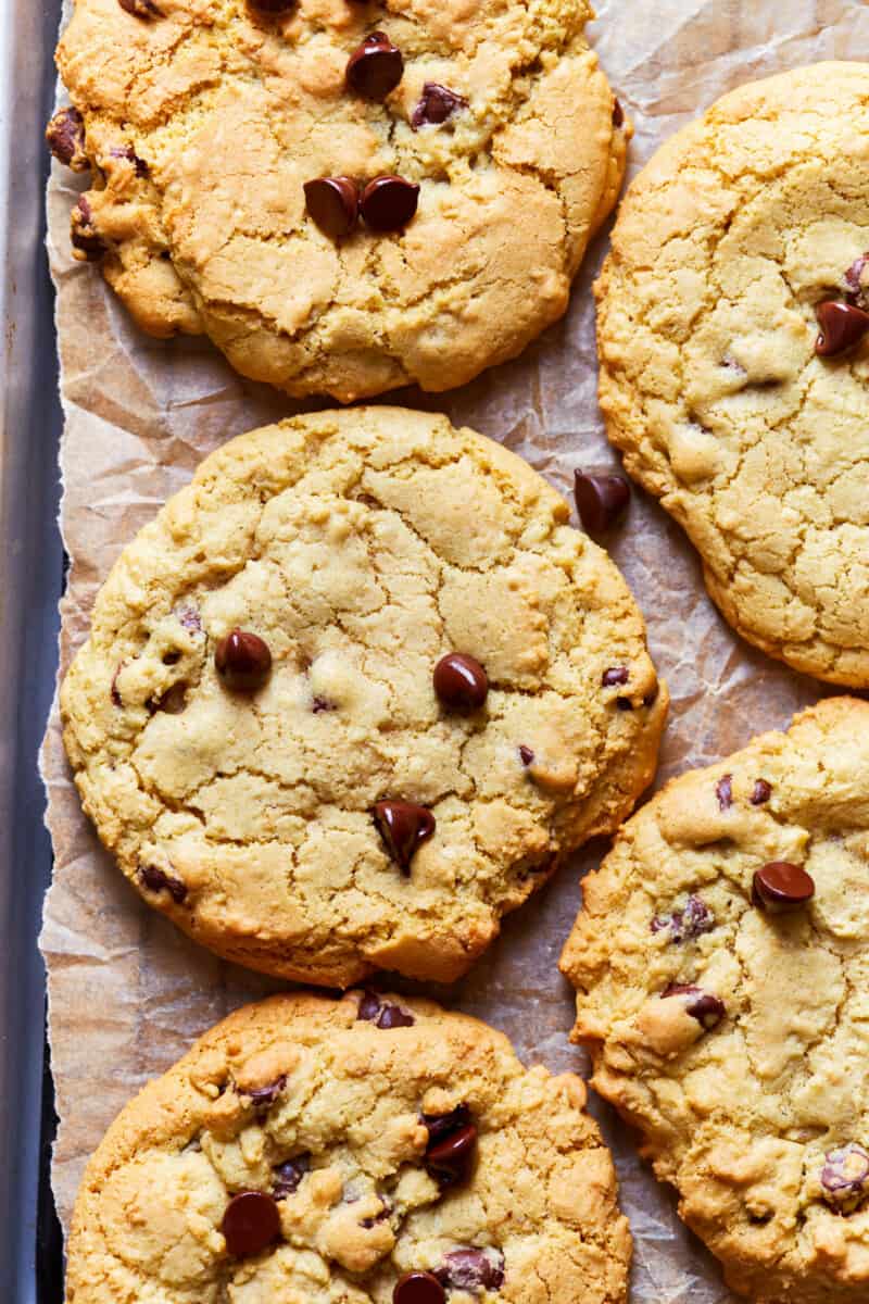 soft and chewy chocolate chip cookies on a baking tray