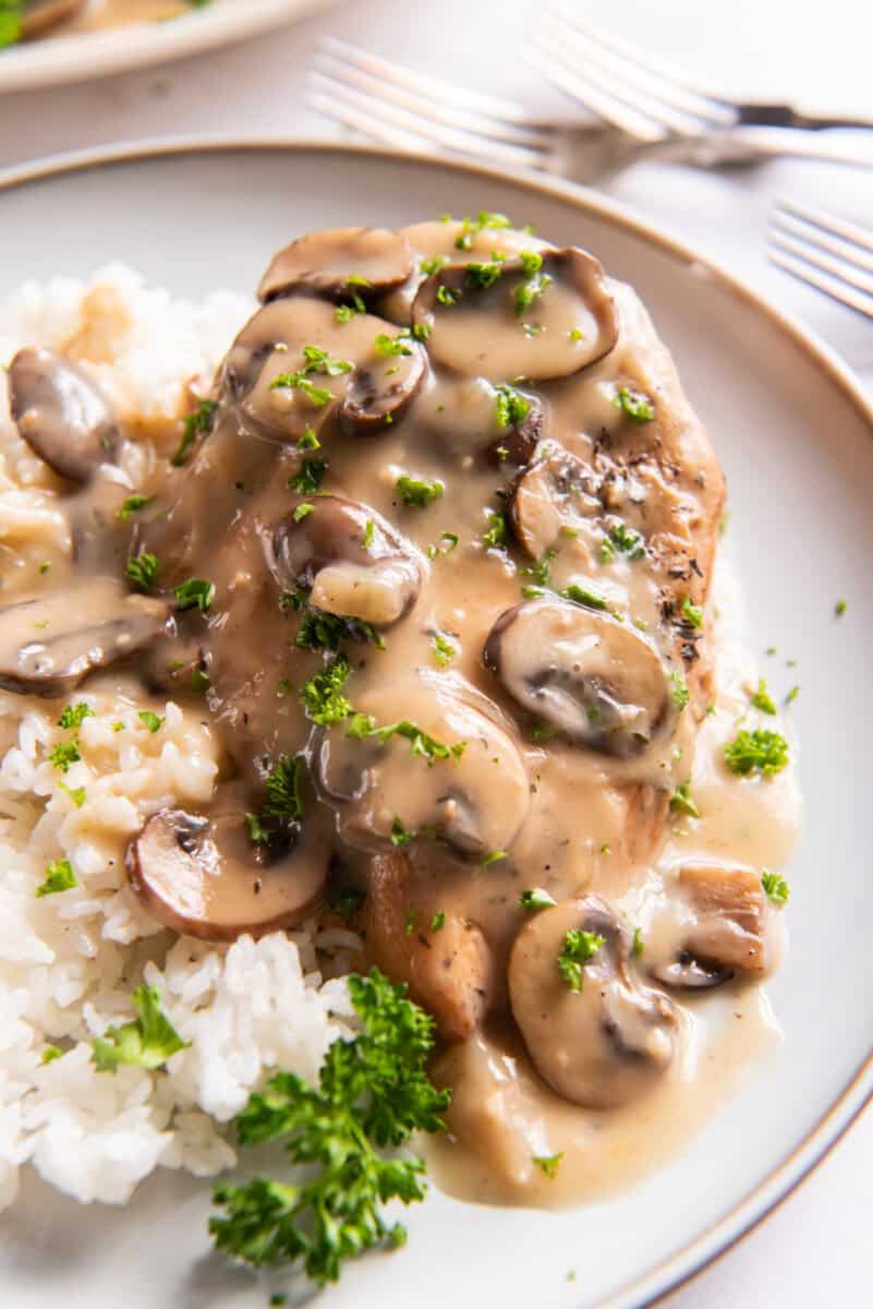 crockpot chicken marsala with white rice on a white plate.