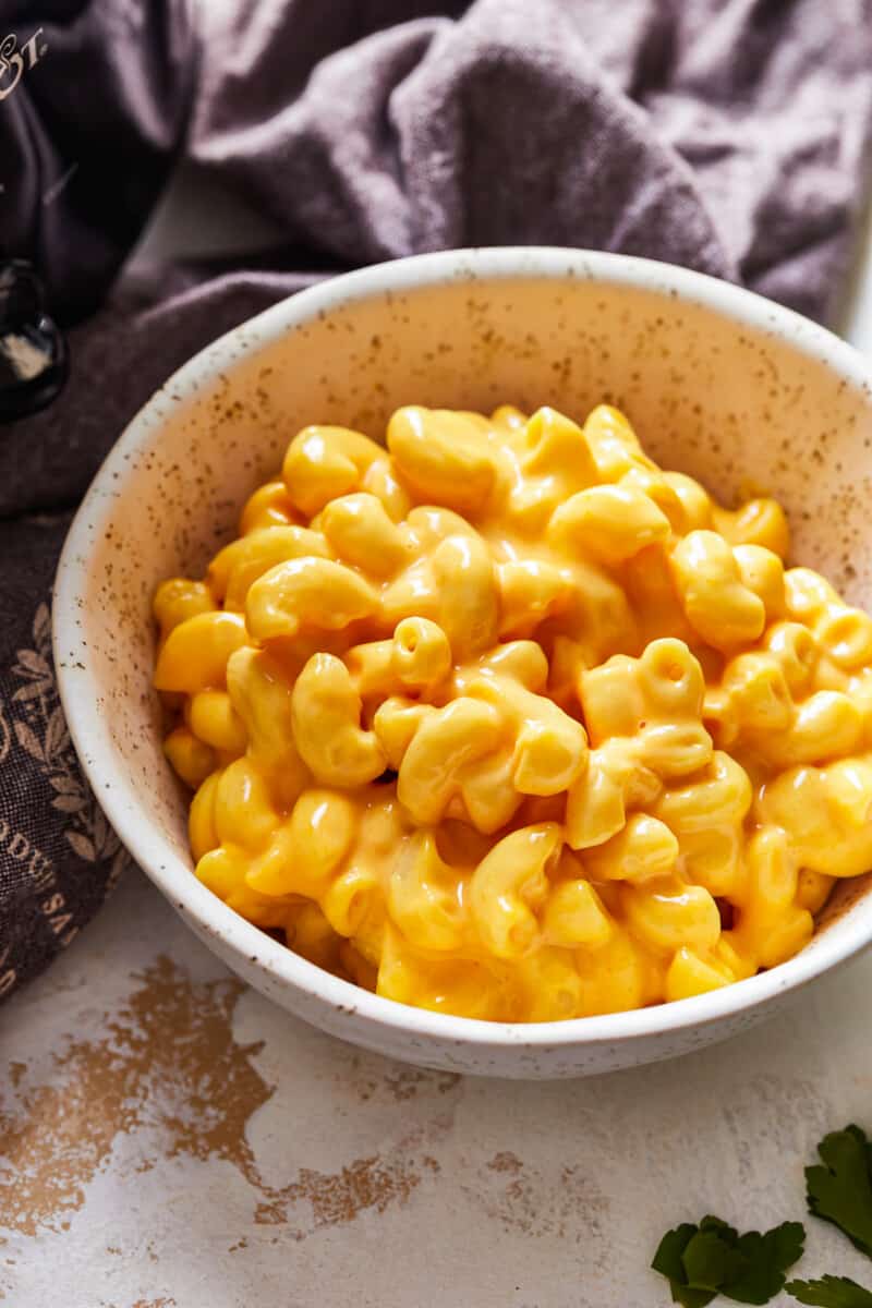 a bowl filled with macaroni and cheese