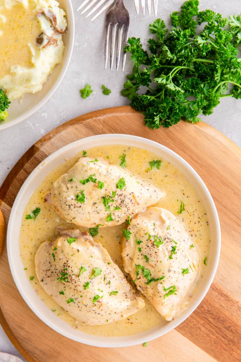 crockpot ranch chicken on a white plate.