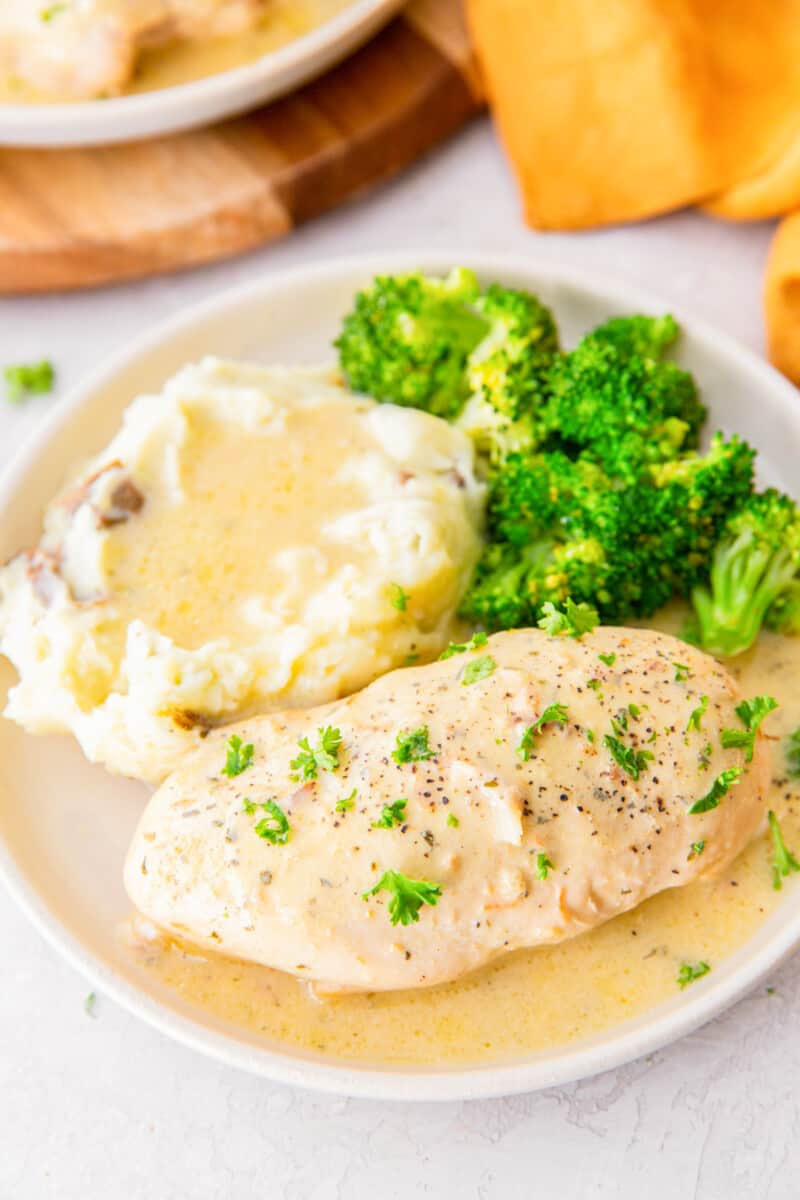 crockpot ranch chicken on a white plate with mashed potatoes.