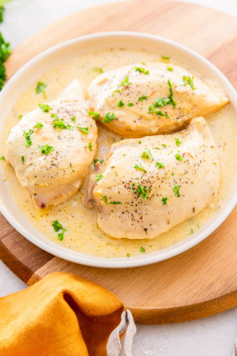 crockpot ranch chicken on a white plate.