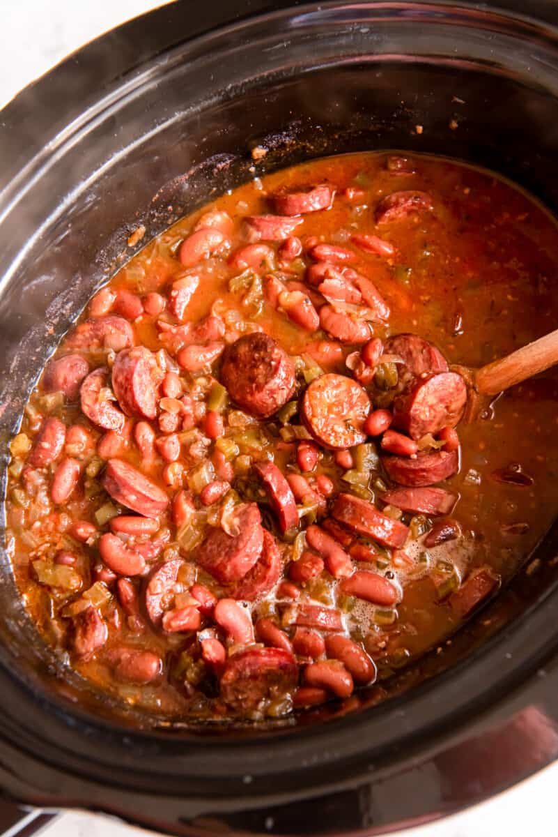 red beans and rice in a crockpot.