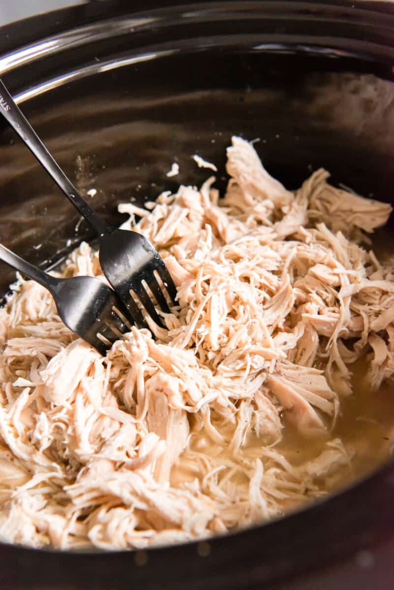 shredded chicken in a crockpot with 2 forks.
