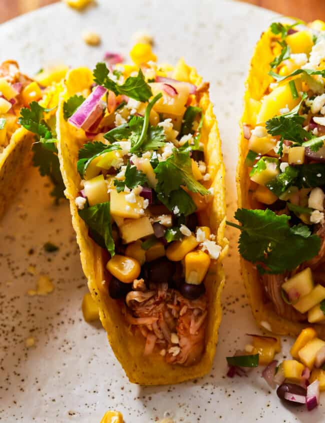 crockpot honey bbq chicken tacos with mango salsa