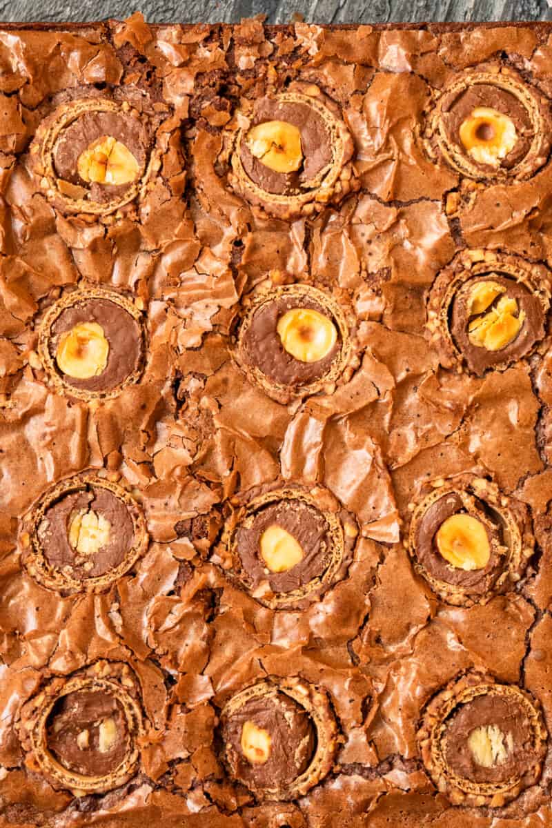 close up of uncut ferrero rocher brownies.