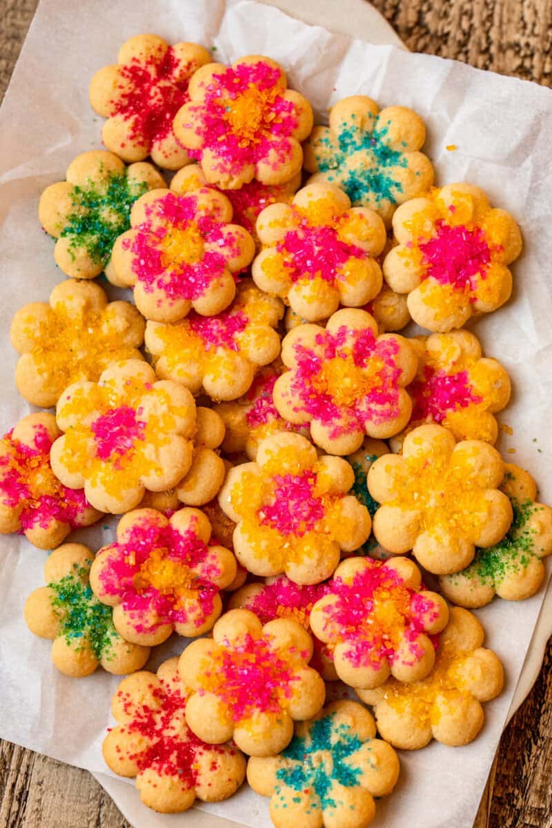 easter spritz cookies on parchment paper.
