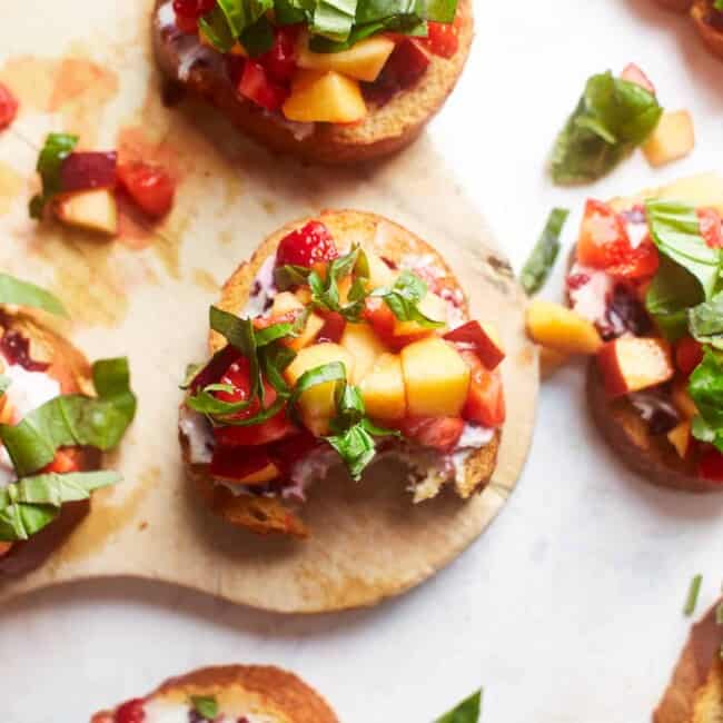 slices of strawberry and peach bruschetta