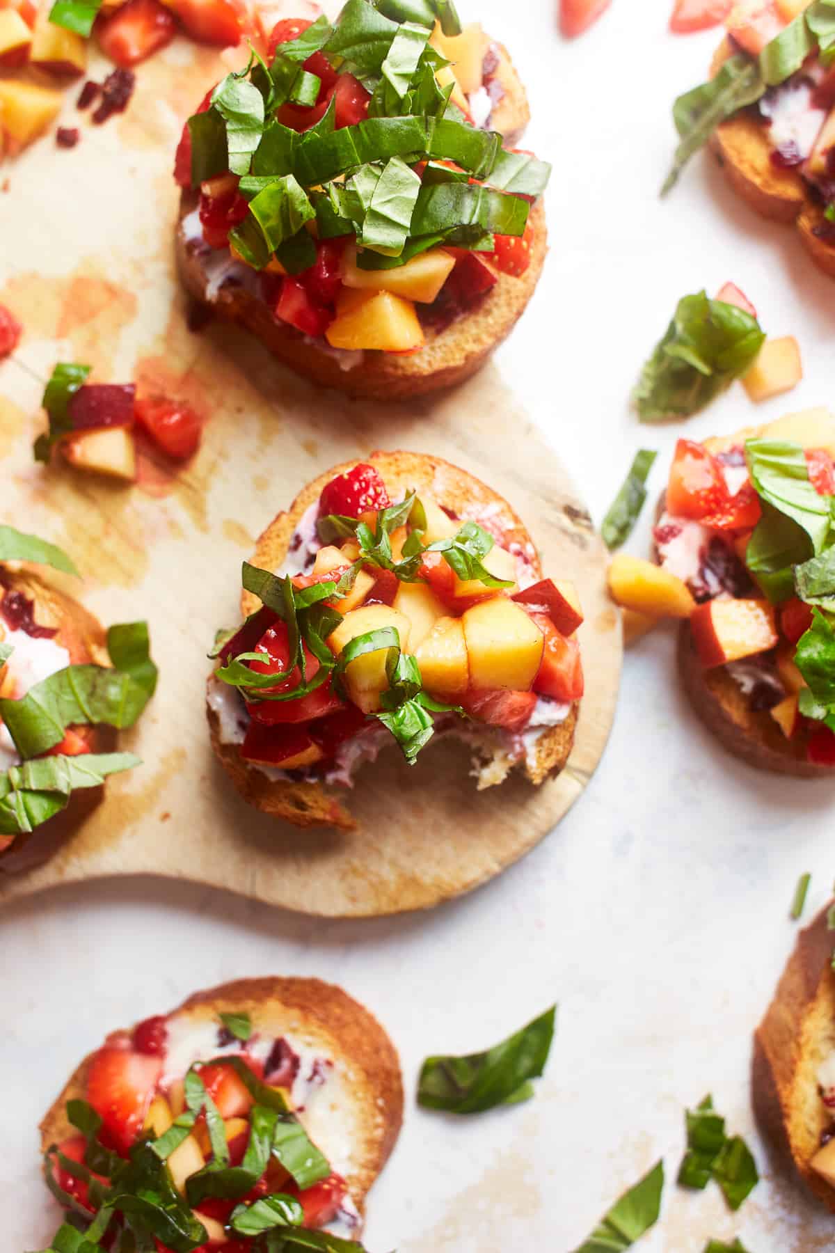 slices of strawberry and peach bruschetta