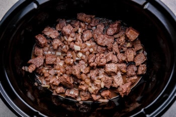 beef onion and wine in a crockpot.